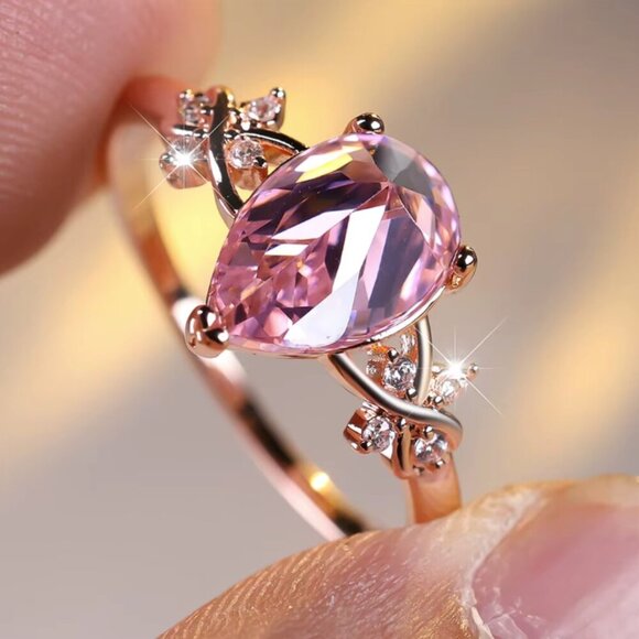 NEW 14k Rose Gold Pink Sapphire Pear Cut Diamond Ring Tear Drop Ring - Picture 3 of 5